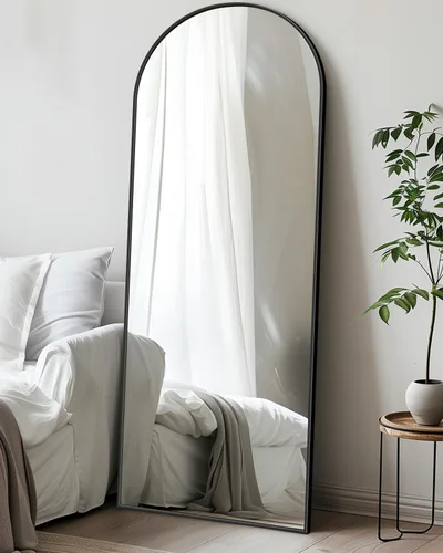 Vista 2 de Antok Espejo arqueado de longitud completa, 56 x 15 pulgadas, marco de metal negro, espejo de piso para dormitorio, sala de estar, independiente