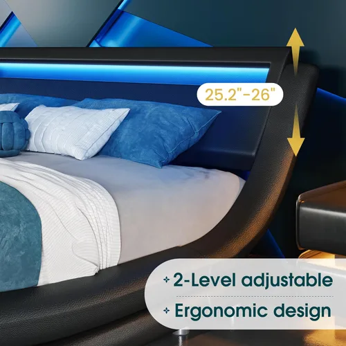 Vista 4 de WEEWAY Base de cama moderna tamaño Queen con cabecera de luces LED RGBW, diseño de trineo tapizado de perfil bajo, soporte de listones de madera