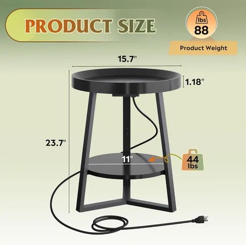 Vista 3 de WLIVE Mesa auxiliar redonda pequeña con estación de carga, mesa auxiliar redonda, mesa auxiliar de 2 niveles para sala de estar/dormitorio, sofá