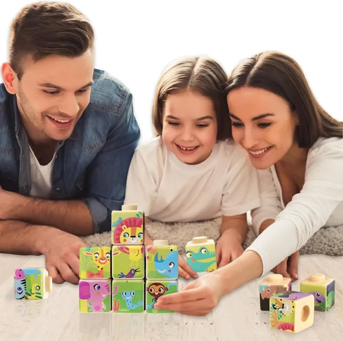 Vista 4 de ArtCreativity Bloques de rompecabezas de silicona para niños, 12 bloques apilables para bebés con cuatro imágenes diferentes impresas en los lados