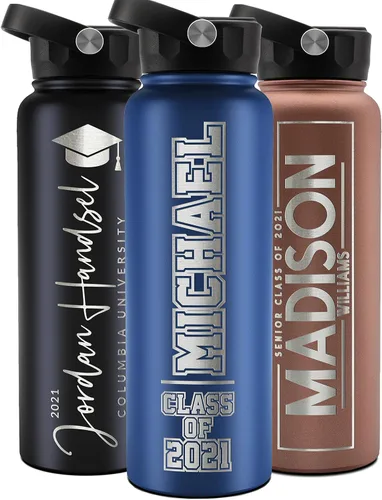 Vista 19 de Regalos de graduación, botella de agua personalizada con tapa con popote, 18 onzas, color negro, botella de agua personalizada con texto, doble
