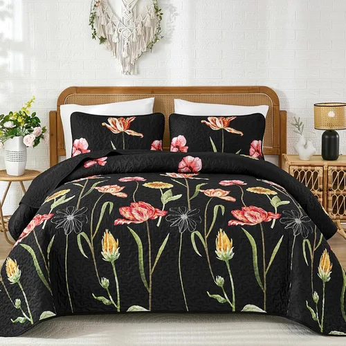 Vista 14 de WONGS BEDDING - Juego de edredón floral tamaño Queen, edredón botánico verde y amarillo con 2 fundas de almohada, juego de ropa de cama ligera