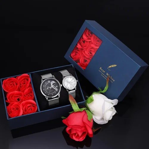 Vista 3 de Relojes para parejas, regalos para el día de San Valentín, románticos, con esfera de corazón, de cuarzo, de acero inoxidable, con caja de regalo