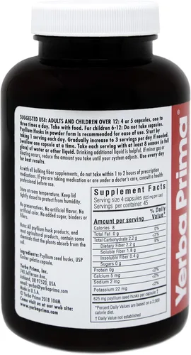 Vista 3 de Yerba Prima Cápsulas de cáscara de psyllium – 180 cápsulas (paquete de 2) – Suplemento de fibra fácil de tragar – Limpieza de colon – Salud