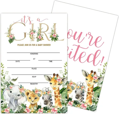 Vista 8 de Invitaciones de baby shower para niño, tarjetas de relleno de animales de la selva con sobres, de madera, juego de 25.