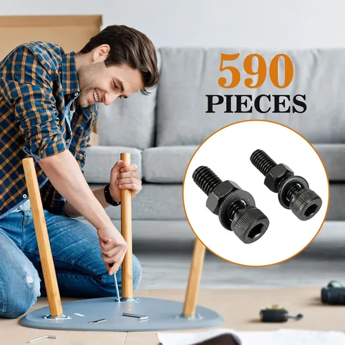 Vista 6 de Juego de 590 tornillos y tuercas surtidos, tornillos métricos M3 M4 M5 M6, tornillos de cabeza hexagonal, tuercas y arandelas con llave, acero al