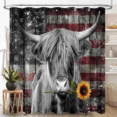 Vista 29 de Cortina de ducha de madera rústica para baño, tablero de madera marrón rústica, versículo de la Biblia, casa de campo traviesa, granero occidental