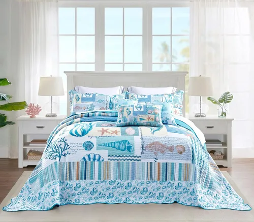 HZ & HY Colcha costera tamaño King extragrande, ropa de cama ligera para playa, colcha náutica, costuras reales, reversible, 6 piezas, 100% Coral