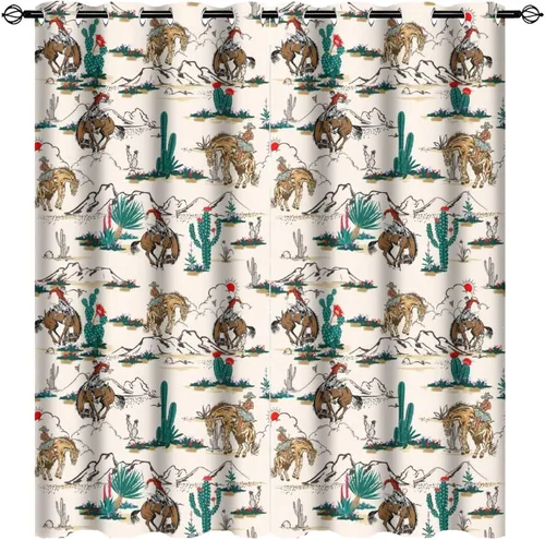 Vista 19 de Cortinas opacas retro de vaquero occidental para dormitorio, estilo rústico, cactus, salvaje oeste, vaquero, paseo, caballo, con ojales, aislamiento