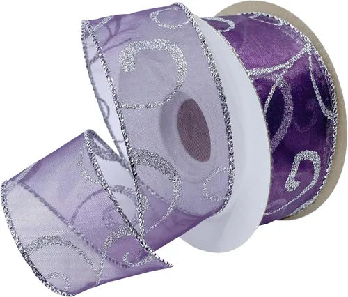 Morex Ribbon Wired Swirl Sheer Glitter Ribbons, Holiday Ribbon for Crafts and Christmas Decorations, Gift Wrapping, 1.5" x 10 Yd, Purple/Silver