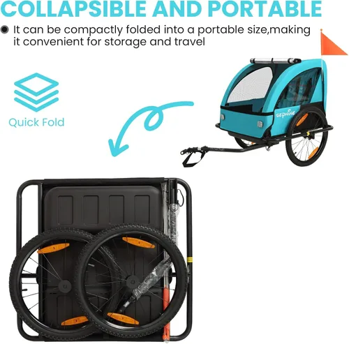 Vista 4 de Sepnine Kids Bike Trailer, Suitable for 1 to 2 Children, Double Seat, Universal Coupler, Foldable, Canopy with Bug Screen and Weather Shield, with