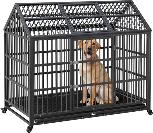 52-Inch Escape-Proof Dog Crate, Indestructible Steel Dog Kennel with Locking Wheels, Anxiety Relief Pet Cage for Medium/Large Dogs, Indoor/Outdoor