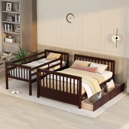 Vista 27 de Harper & Bright Designs Litera de tamaño matrimonial sobre matrimonial con 3 cajones, litera de madera maciza con almacenamiento y riel