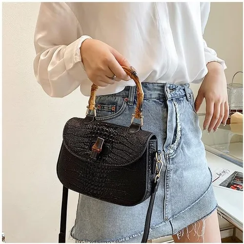 Vista 7 de Bolso de mano de cuero artificial de bambú con asa superior para mujer, elegante bolso de noche, regalo para mujer, hecho a mano