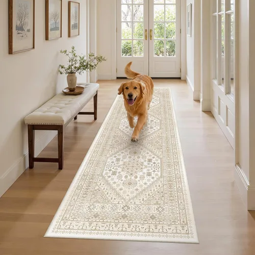 Vista 103 de zesthome Alfombras de área de 5 x 7, lavables a máquina, para sala de estar, dormitorio, resistentes a las manchas, vintage, de gran área, Beige