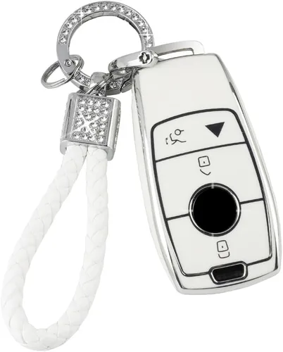 Vista 8 de PIFOOG Funda para llavero de TPU con cadena de llaves brillante, fundas de protección de botones para llaves de entrada sin llave, blanco plateado