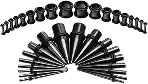 vcmart 14G-00G - Kit de estiramiento de 36 manómetros de oreja, tapones cónicos, ojales, acero de grado implante, Metal, Acero inoxidable
