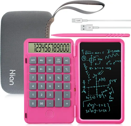Vista 31 de Calculadoras Hion, Calculadora recargable de escritorio y de bolsillo con pantalla grande de 12 dígitos y tableta de escritura borrable