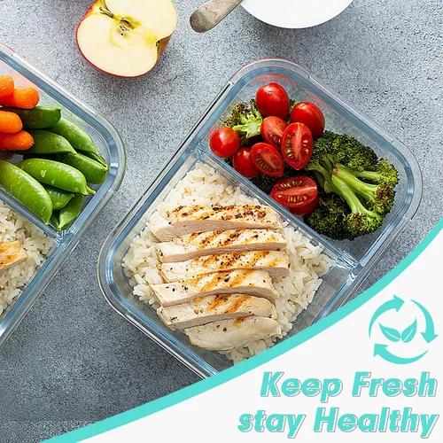 Vista 7 de VERONES Paquete de 10 recipientes de vidrio para preparación de comidas, juego de 2 compartimentos, recipientes herméticos de vidrio de 30 onzas