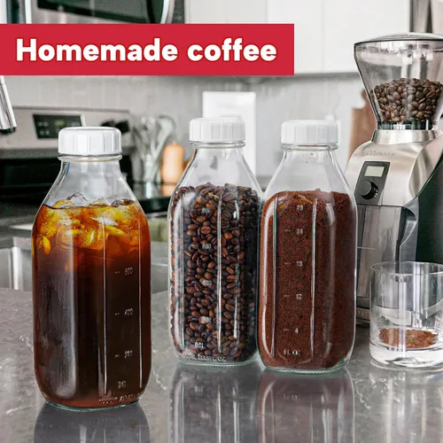 Vista 6 de Botellas de leche de vidrio reutilizables de 32 onzas con tapa dispensadora de silicona, paquete de 2 frascos de vidrio con tapa hermética de rosca