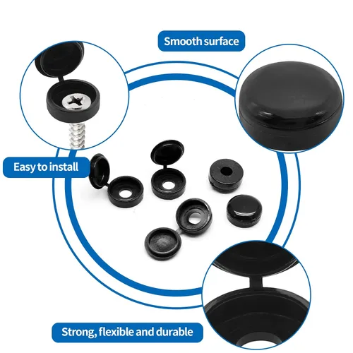 Vista 4 de Tapones de rosca negros con tapas abatibles, cubiertas con bisagras para tornillos Phillips, paquete de cubierta impermeable para orificios