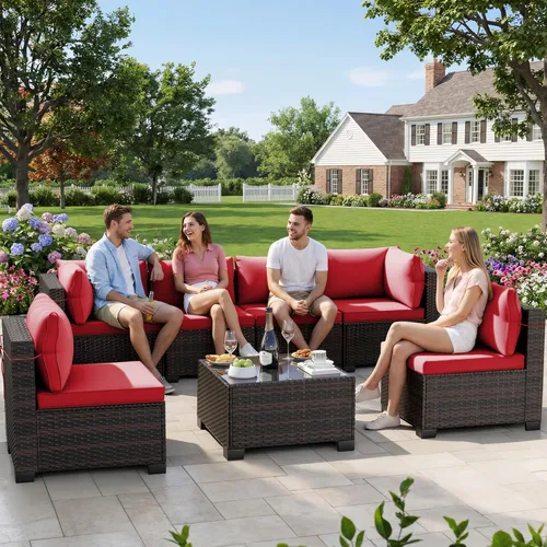 Vista 8 de LEVELEVE Juego de 7 muebles de patio al aire libre, juego seccional de conversación de ratán, sofá de mimbre de tejido manual con mesa de té