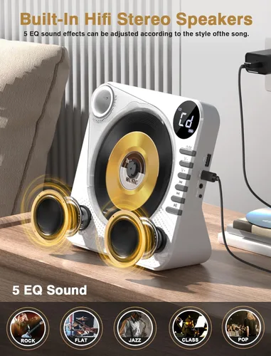 Vista 7 de Reproductor de CD con Bluetooth, reproductor de CD de escritorio para el hogar, altavoces de alta fidelidad, control remoto, USB, pantalla LED