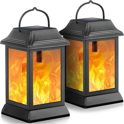 TomCare Luces solares de metal con llama parpadeante para exteriores, faroles colgantes para exteriores, iluminación decorativa, funciona con