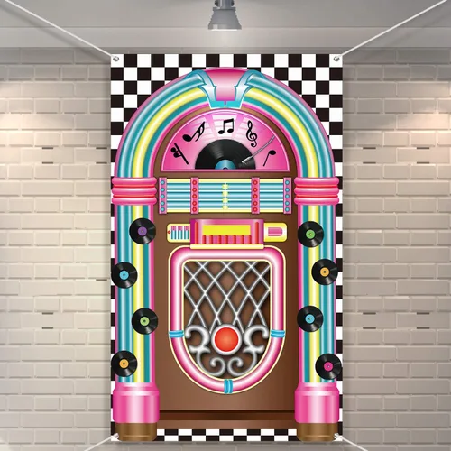 Cartel de Jukebox recortado de los años 50, pancarta de rock and roll, telón de fondo, decoración de fiesta de cumpleaños, baby shower, suministros