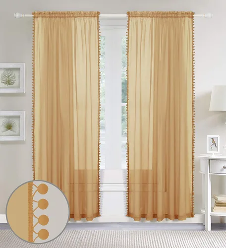 Vista 4 de Elegant Comfort Cortinas semitransparentes con borlas con pompones, juego de 2 paneles, con bolsillo para barra de 2 pulgadas, cortinas
