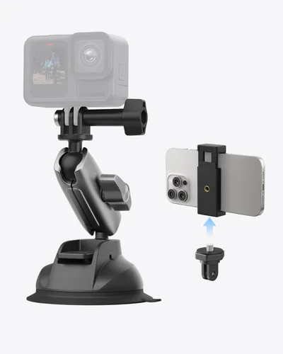 TELESIN Ventosa de aluminio para montaje del coche parabrisas ventana tablero titular con clip de teléfono para GoPro Max Mini Hero 13 12 11 10 9