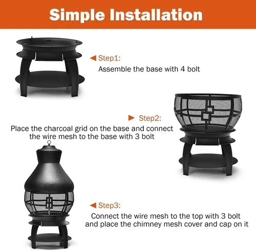 Vista 4 de SAFSTAR Chiminea de hierro fundido para exteriores, chimenea de madera con póquer de fuego, cubierta de malla ignífuga de 360°, hoguera de leña