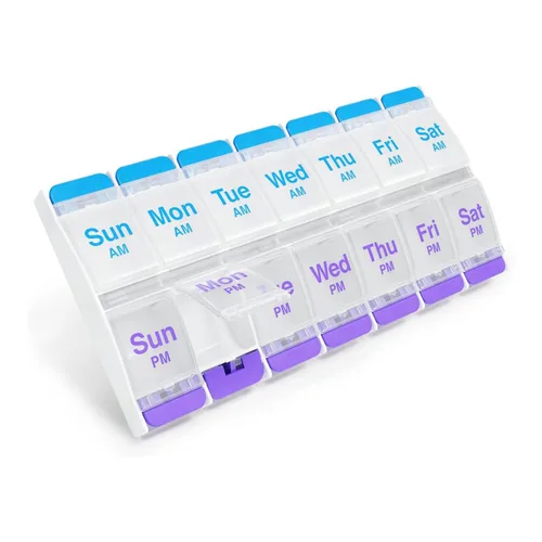 Vista 12 de EZY DOSE Pastillero con botón (7 días), planificador de medicamentos, organizador de vitaminas, 2 veces al día, contenedor AM/PM, compartimentos