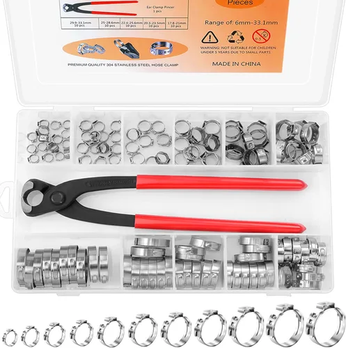 Juego surtido de anillos de cincha continua de acero inoxidable 304, 0.236-1.303 in con pinza de abrazadera para la oreja para asegurar la manguera