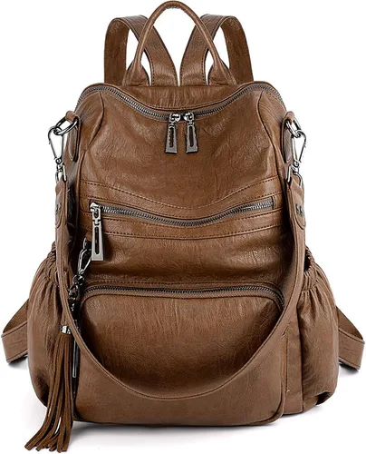 Vista 6 de UTO Mochila de cuero vegano para mujer, diseño de moda, convertible con borla, para viajes, con borla