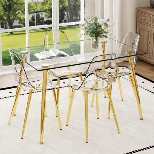 Vista 28 de Juego de mesa de comedor de cristal de Ebullient para 4 personas, juego de 5 piezas con 4 sillas de comedor de piel sintética negras, tablero