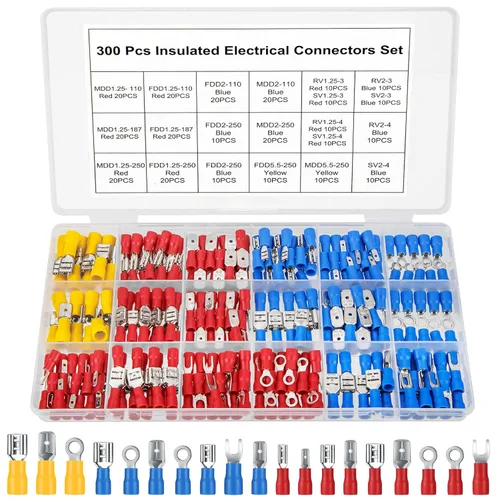 300 conectores eléctricos, conectores eléctricos de cable de alambre aislado, anillo de horquilla, desconexión rápida, terminales de crimpado,