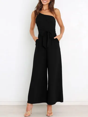 Vista 5 de ANRABESS - Enterizo de verano elegante para mujer, con un hombro descubierto, sin mangas, casual, con pantalones de pierna ancha, a la moda