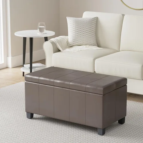 Vista 2 de SIMPLIHOME Dover Storage - Banco otomano rectangular tapizado de cuero vegano de 36 pulgadas de ancho en marrón chocolate, banco contemporáneo