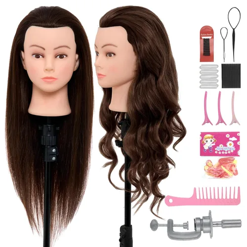 Vista 10 de Cabeza de maniquí de 28 pulgadas con 80% cabello real, cabeza de muñeca de práctica de maniquí de cosmetología, cabeza de trenzado con soporte