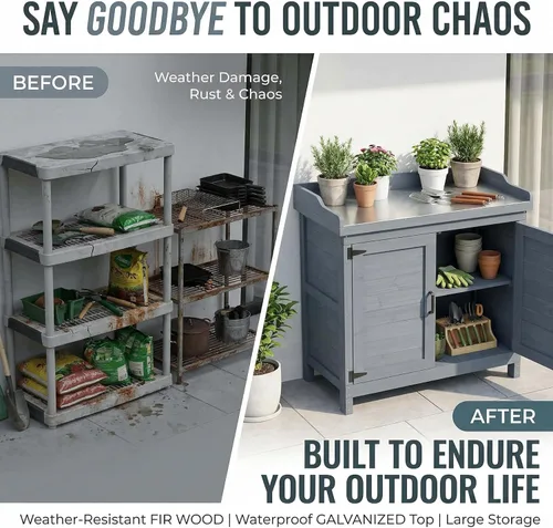 Vista 6 de Gabinete de Almacenamiento de Madera para Jardín Exterior Patio Muebles Cobertizo de Herramientas Impermeable con Bancos para Macetas Mesa de Gris