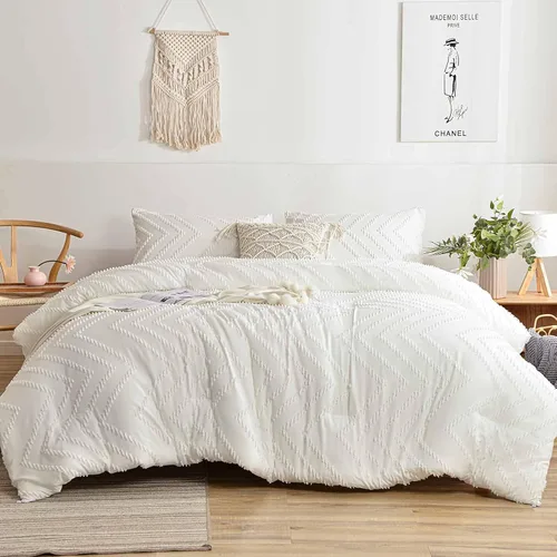 Nanko Juego de edredón tamaño individual blanco con jacquard copetudo bohemio suave shabby chic reversible de microfibra alternativa al plumón -