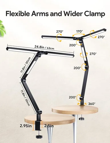 Vista 6 de MediAcous Lámpara de escritorio LED con abrazadera, 20 W 3 luces luz de escritorio para oficina en casa, brazo oscilante flexible, caja de control