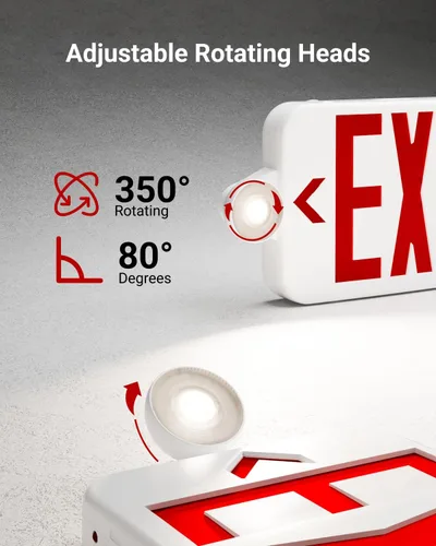 Vista 3 de Señal de salida LED Sunco con luces de emergencia, roja, dos luces mini ajustables, resistente al fuego 94V-0, batería de respaldo, 2.3W 6000K Luz