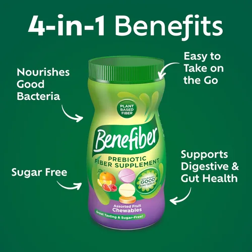 Vista 2 de Benefiber Tabletas masticables de suplemento de fibra prebiótica para la salud digestiva, sabores surtidos de frutas, 100