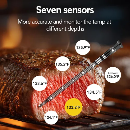 Vista 4 de BBQOVN Termómetro inalámbrico WiFi Sub-1G para carne, rango ilimitado, 7 sensores certificados NIST con temperatura ambiente, 2 formas de monitoreo
