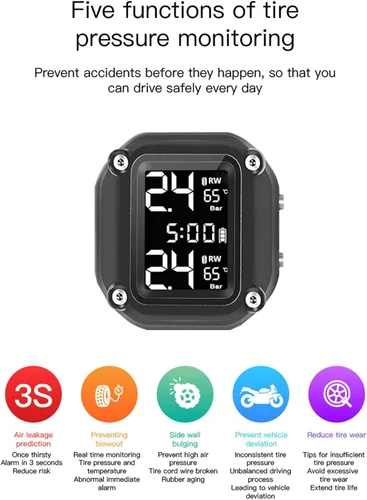 Vista 8 de GoolRC Sistema de monitoreo de presión de llantas de motocicleta inalámbrico con carga USB TPMS para motocicleta con 2 sensores externos, pantalla