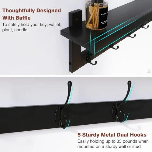 Vista 2 de SMIBUY Ganchos para abrigos con estante montado en la pared, perchero de entrada de 29.2 pulgadas para pared, estante colgante de bambú con 5