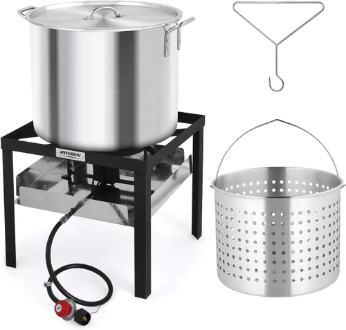 Vista 9 de ROVSUN Freidora de pescado de aluminio de 10 cuartos con cesta coladora, freidora al aire libre con quemador de gas propano de 55,000 BTU