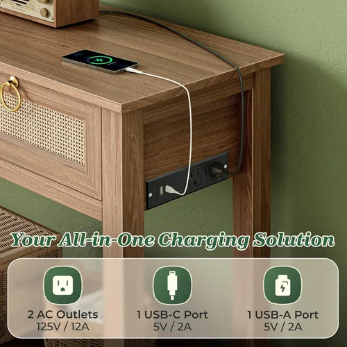 Vista 4 de SUPERJARE Mesa de sofá consola de ratán con tomas de corriente y puerto USB-C, mesa de entrada con 3 cajones, superficie de ratán sintético, estante